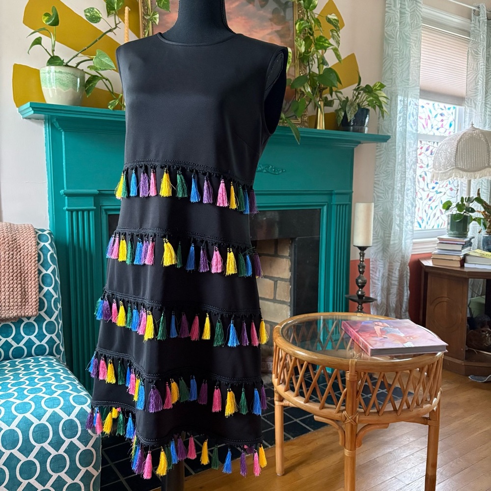 Colorful Tassel Black Dress